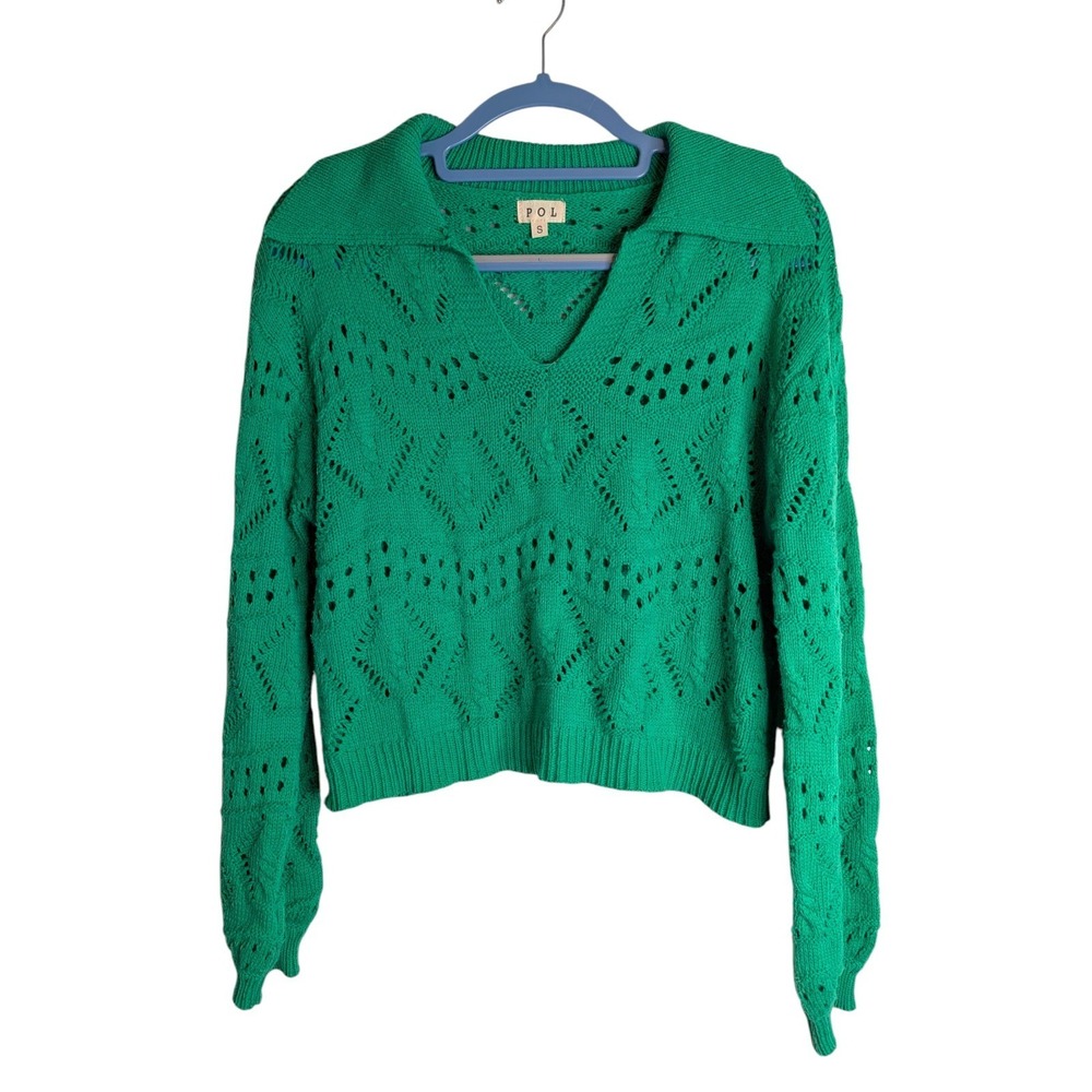 Anthropologie POL Green Open Knit Cropped Sweater Lightweight Collar Size Small